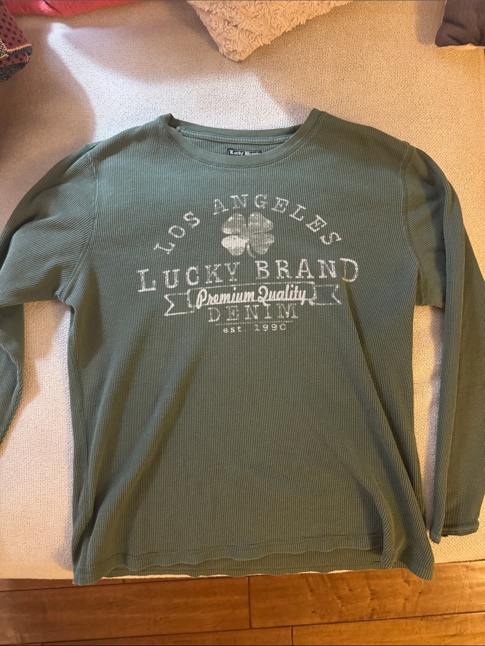 Lucky Brand Olive Green Long 100% cotton L-Sleeve Waffle-Knit Graphic Tee XL